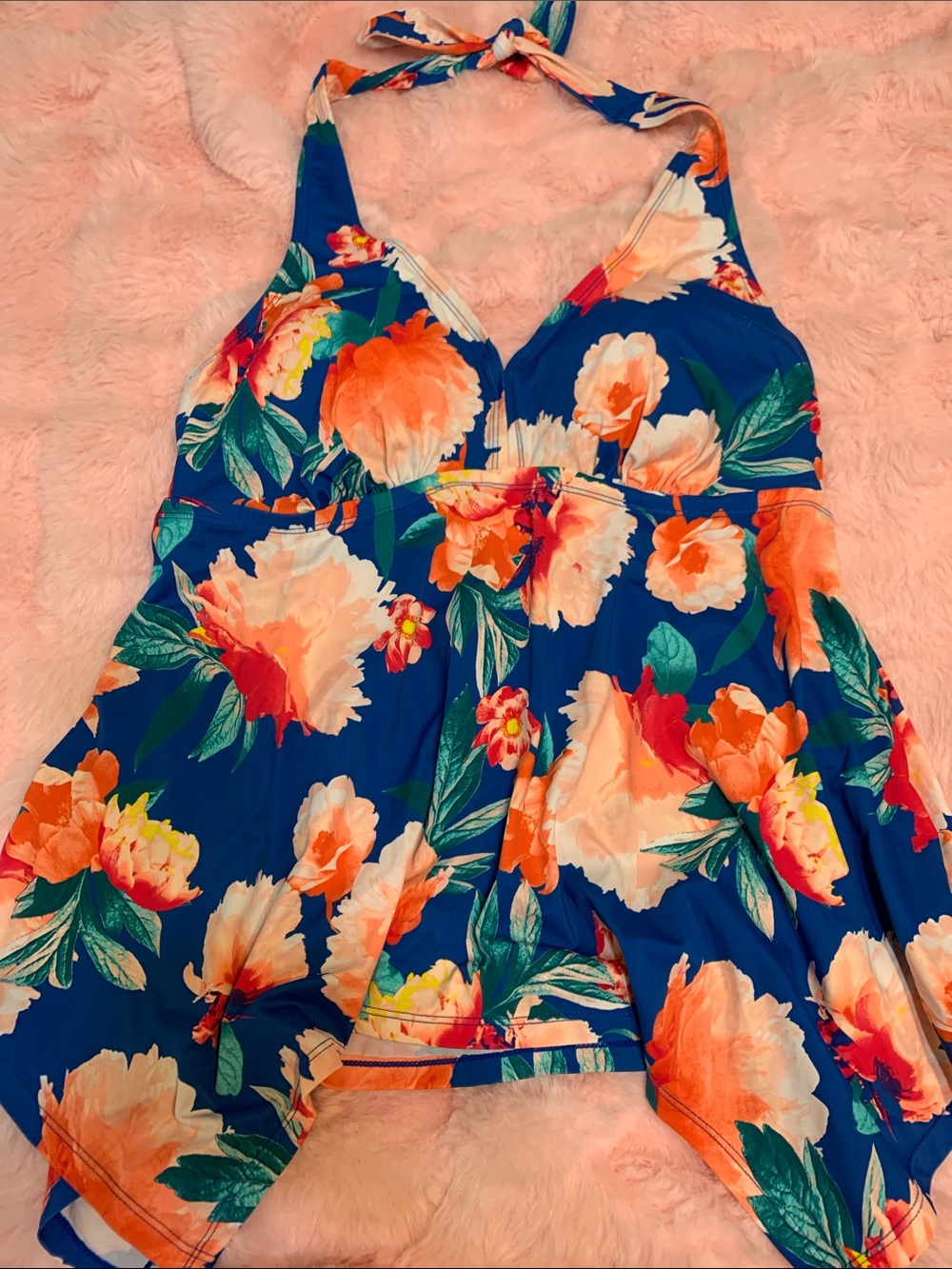 Swimsuits For All Blue Halter Swim top with Orange Floral Print